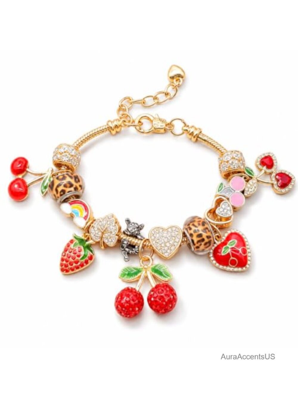 Gold Charm Bracelet Cherry Pendant Leopard Bead Strand Jewelry